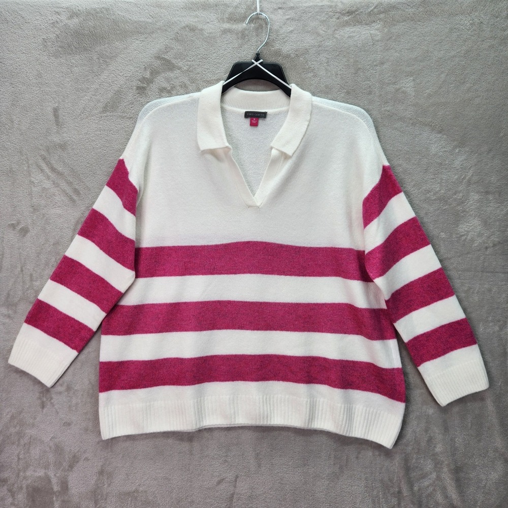 Vince Camuto Sweater Womens 1X White Pink Stripe Collared V Neck Knit Top Office